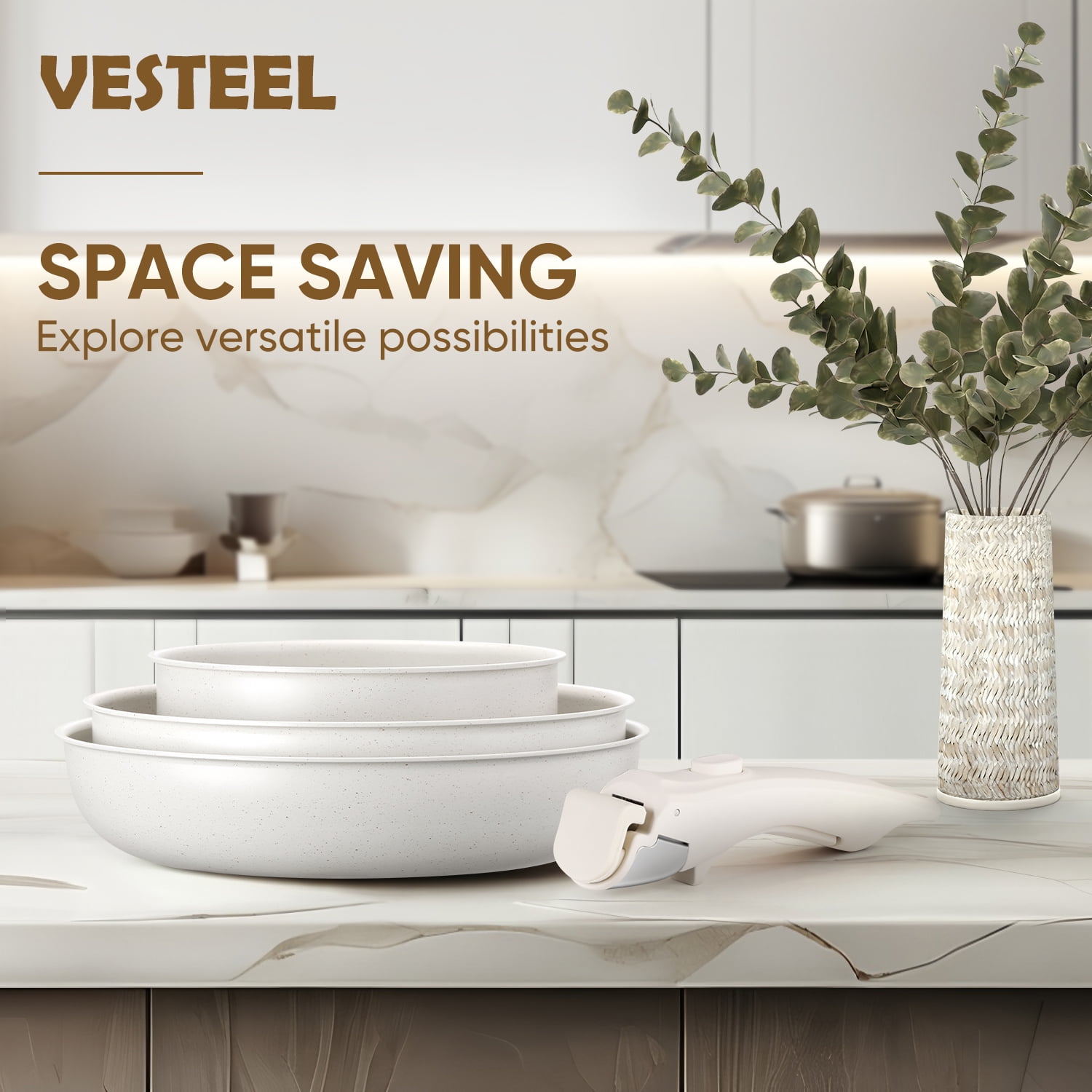 Vesteel 18Pcs Pots and Pans Set, Nonstick Cookware Set with Detachable Handles, Stackable Kitchen Cooking Set with Silicone Utensils Set, Induction Compatible & Oven Safe - Cream White