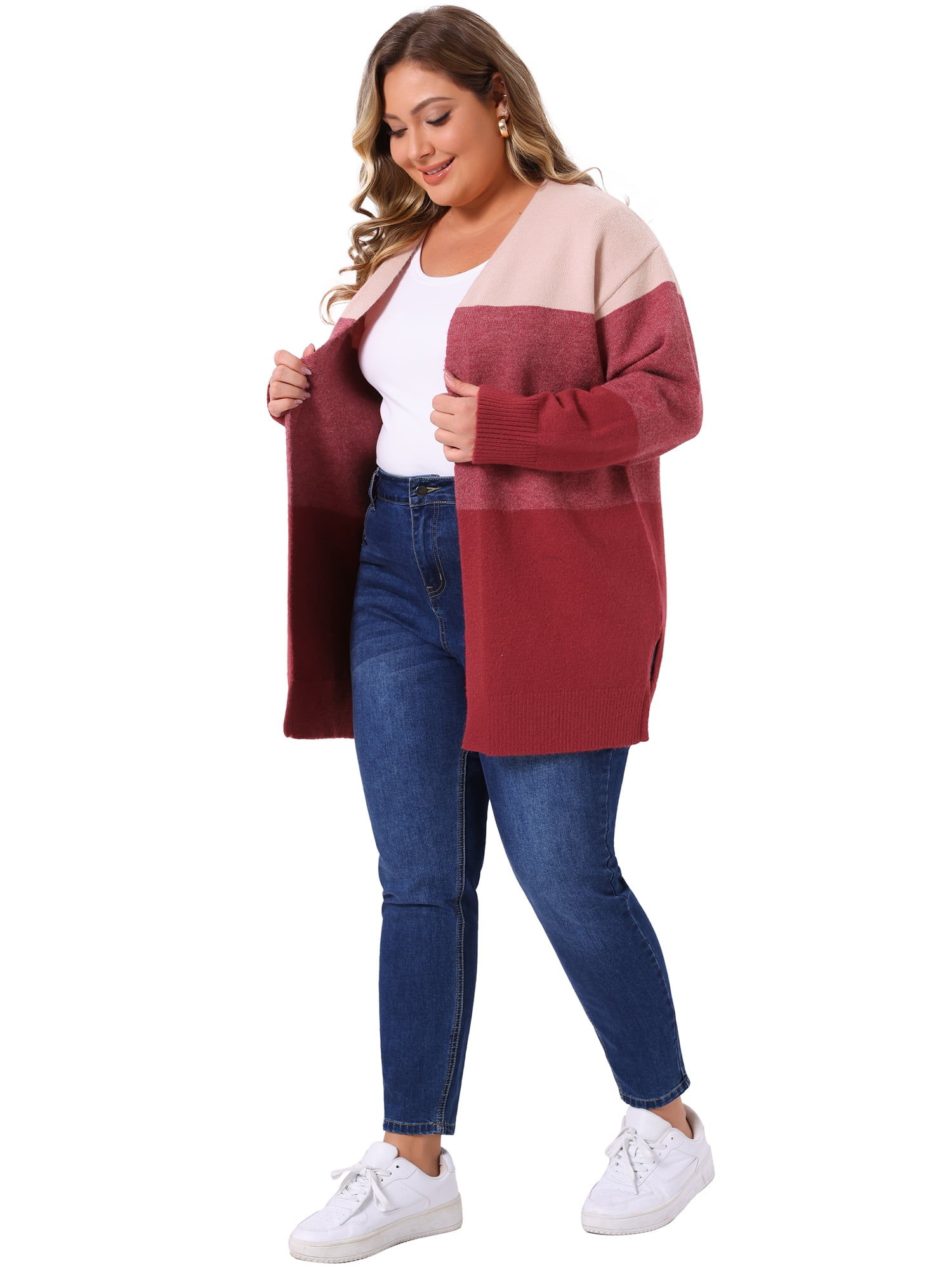DARING DIVA Plus Size Striped Block Open Front Cardigan Sweater Coat 4X Red Pink