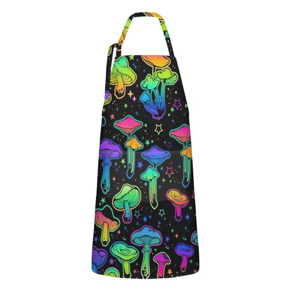 Colorful Mushroom Star Black Pattern Apron-Garden Aprons for Women with Pockets-Cotton Linen Waterproof Kitchen Cooking Gardening Aprons Adjustable for Kitchen,Cooking,BBQ and Salon 33x27 Inch