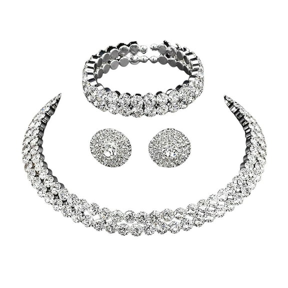HUANLEDASH 3 Pcs/Set Women Jewelry Set Rhinestone Double-layered Floral Decor Necklace Earrings Bracelet Set Adjustable Length Bride Wedding Jewelry for Prom Banquet