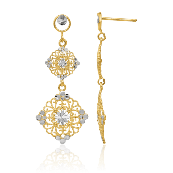 14K Solid Yellow Gold Antique Filigree Drop Dangle Earrings