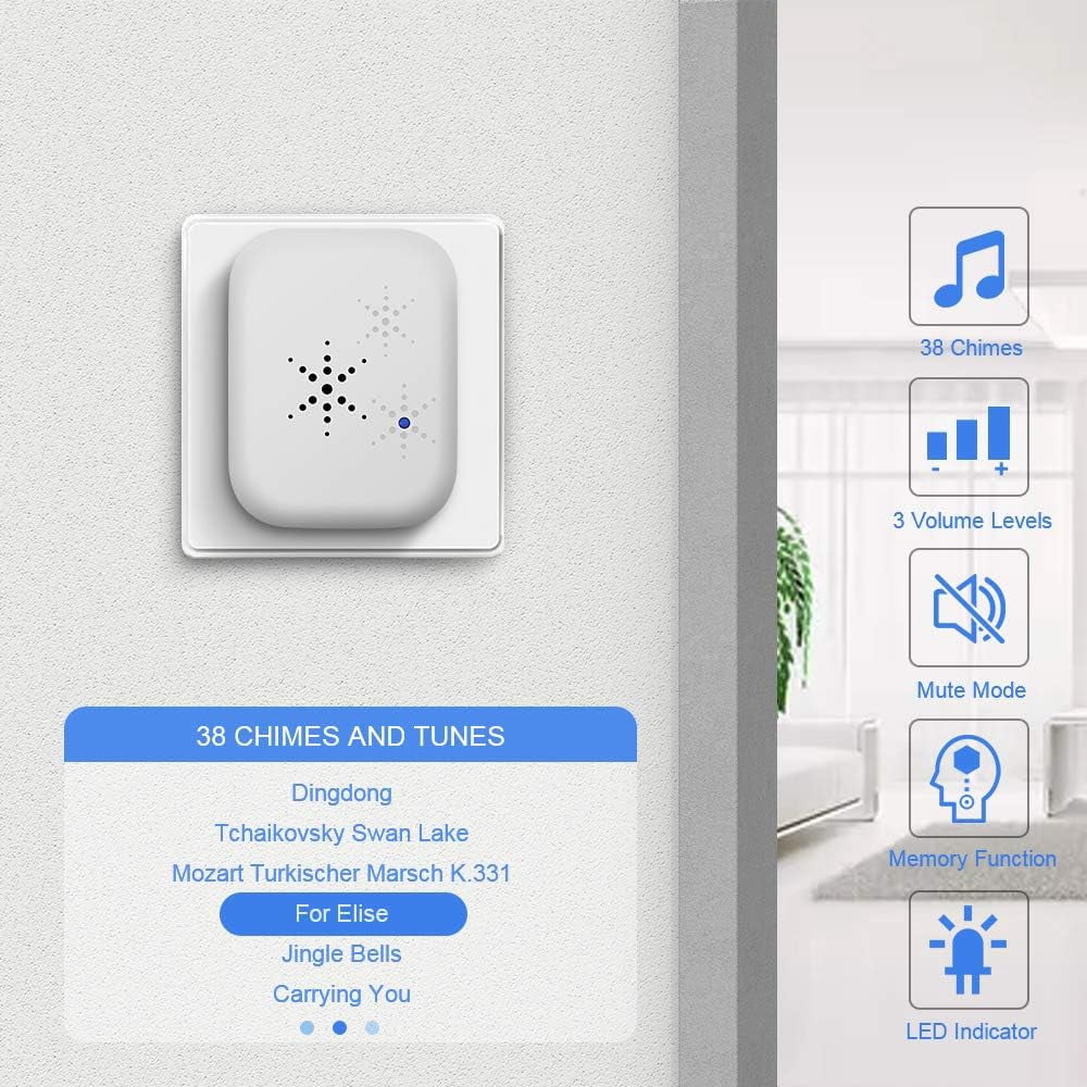 Self-Powered Doorbell, PDGROW Wireless Doorbell No Battery Required Cordless Door Chime Kit Push Button Waterproof at 500-feet Range with 38 Chimes, 4-Level Volume & LED Flash