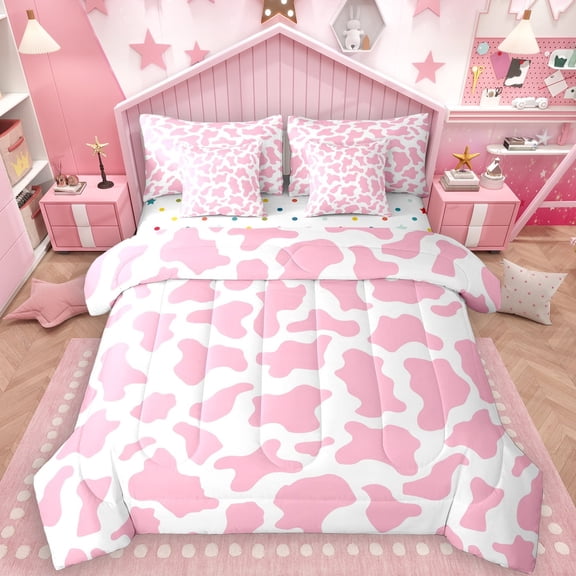 Manfei Girls Cow Print 7-Piece Twin Bedding Sets, White Pink Abstract Bedding Comforter Set, Chic Fashion Reversible Sheet Sets, Luxury Bedroom Decor
