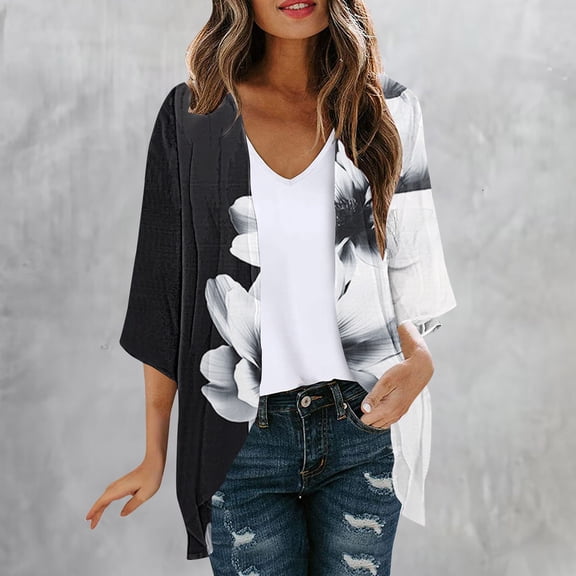 NTACZA Open Front Womens Cardigan 2026 Black and White Floral 3/4 Sleeve Casual Flowy Kimono Beachwear Relaxed Coverups Multicolor