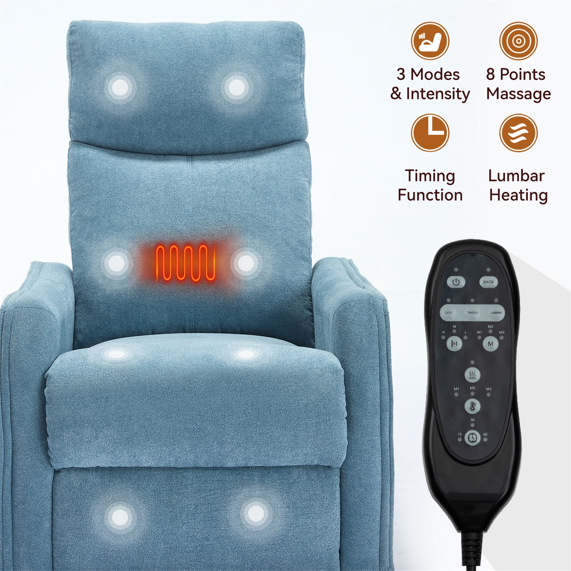 Aukfa Swivel Rocker Recliner Glider Chair with Heat & Massage for Adults, Living Room, Blue