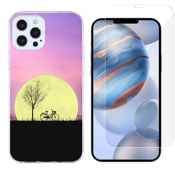 Slim-Fit Protective Phone Case compatible with iPhone 12 Pro Max, with Tempered Glass Screen Protector, by OneToughShield ® - Moonlight Bike