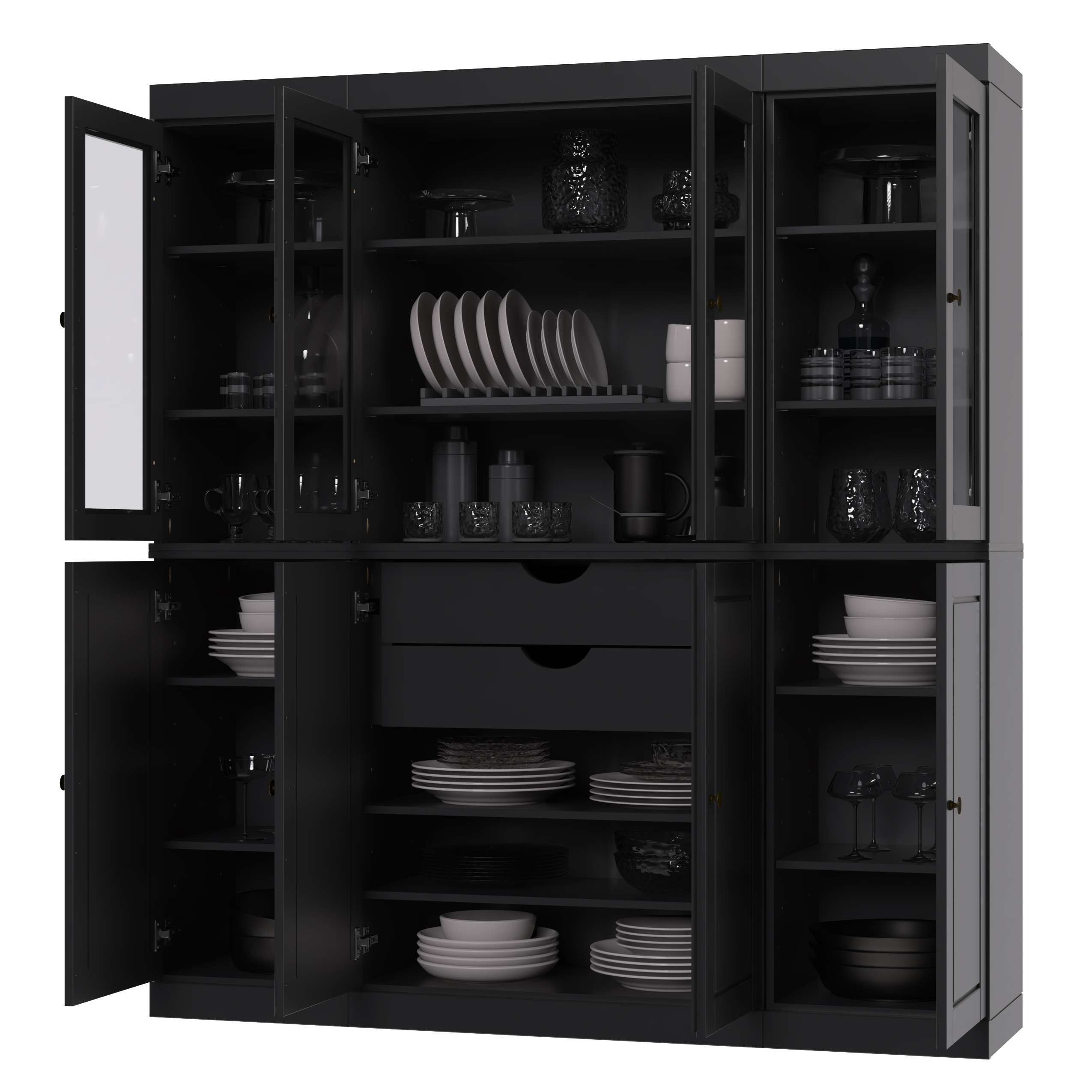 Palace Imports 100% Solid Wood Kitchen Pantry Storage Cabinet with Glass Doors, Adjustable Shelves and 2-Drawers, Black