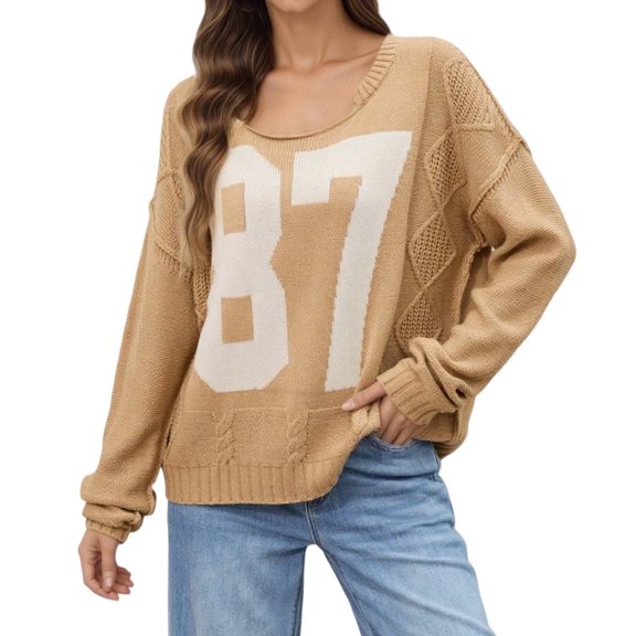 HJYCHN Women's Pullover Sweater Long Sleeve Loose Fit Casual Print Fall Winter Tops Comfortable Warm Sweaters for Winter Khaki S