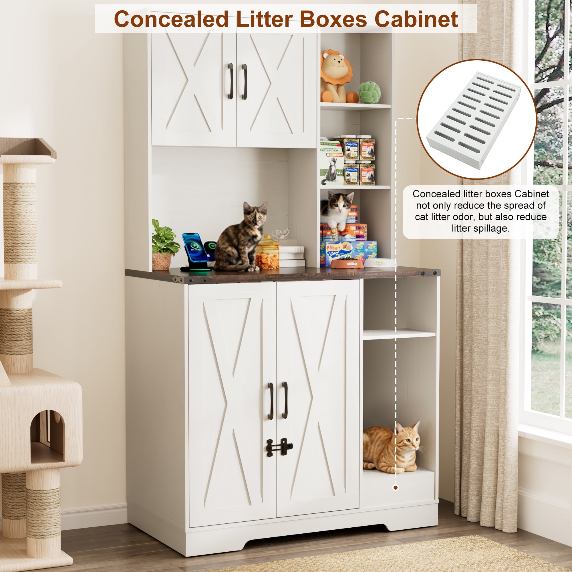 Blotout 71" Tall Farmhouse Cat Litter Box Enclosure W/Open Shelves & Doors, Wooden Cat Litter Box Furniture for Self-Cleaning Litter Boxes, Large Hidden Litter Box Furniture W/ Power Outlets, Locks