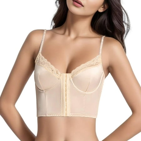 DuoJiaJ Women Front Button Back Bra Over Under Fishbone Corset Satin Lingerie Push Up Bras