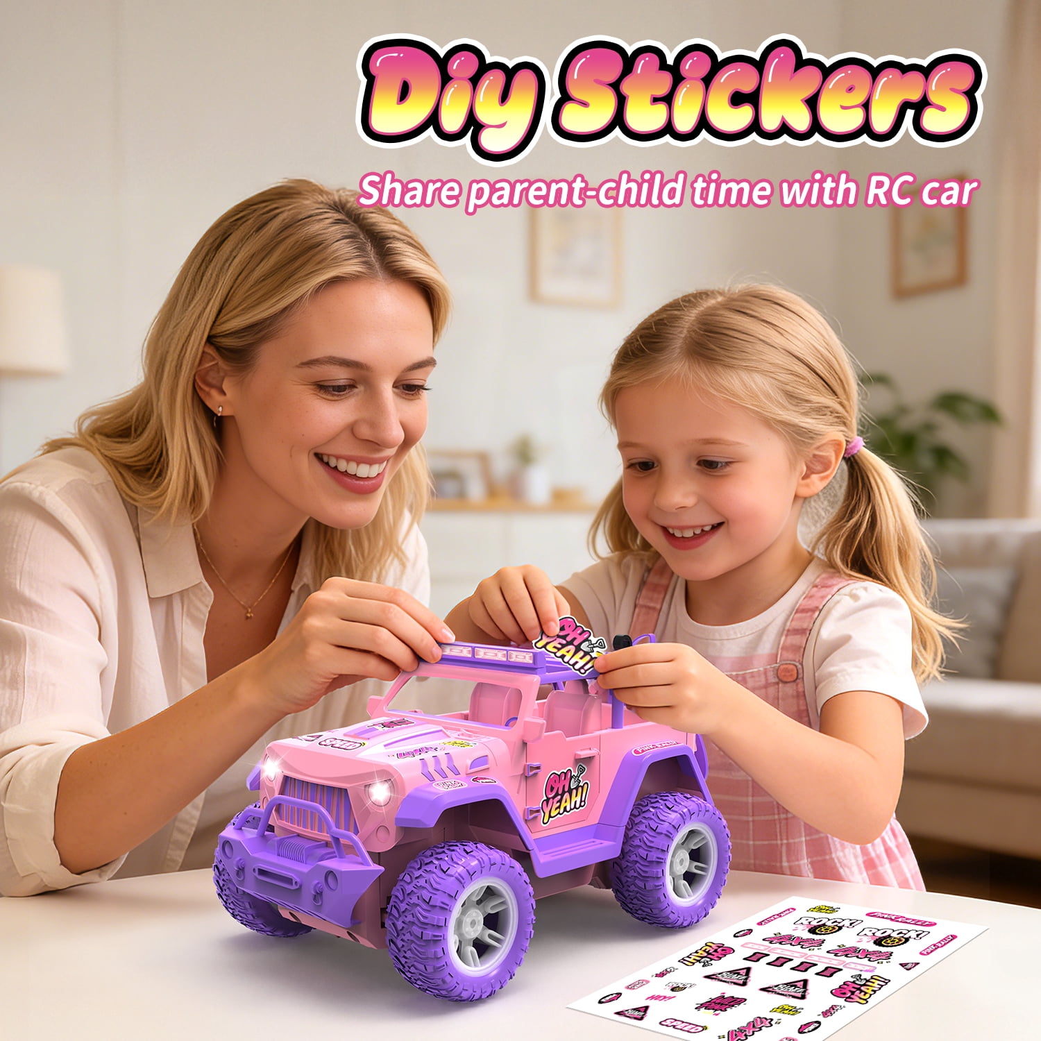 JoyStone Pink RC Cars for Girls, 2.4GHz Remote Control Truck with LED Lights, Spray & Sound Effects, DIY Stickers, Toy Cars Gift for Kids 3+
