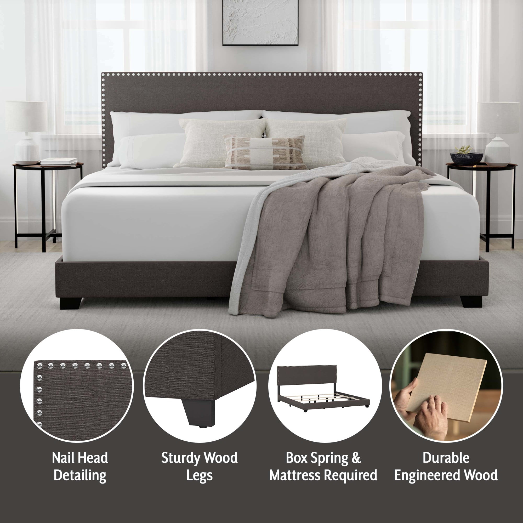 Willow Nailhead Trim Upholstered King Bed Charcoal Walmart