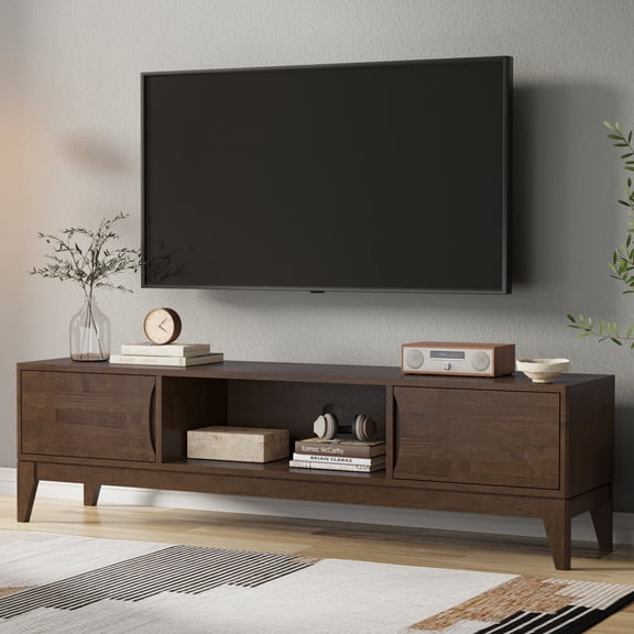 Simpli Home Harper 72 inch Wide Solid Wood Low TV Stand in Walnut Brown For TVs up to 80 inches