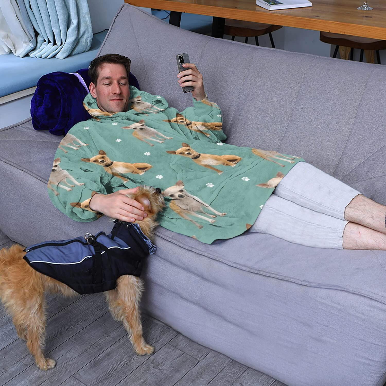 Chihuahua and Footprints Wearable Oversized Blanket,Wearable Blanket Hoodie for Adults,Cozy Hooded Blankets with Super Pockets,Super Warm Fuzzy Pullover for Women & Men