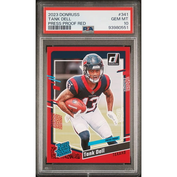 Graded 2023 Panini Donruss Tank Dell #341 Press Proof Red Rookie RC Football Card PSA 10 Gem Mint