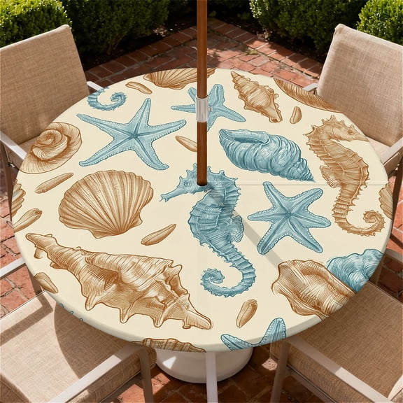 ARTSLION Round Outdoor Tablecloth For Up To 36in With Umbrella Hole & Zipper Waterproof Elastic Edge Fitted Table Cover Big Sunflower For Patio Picnic Party, Nautical Shells