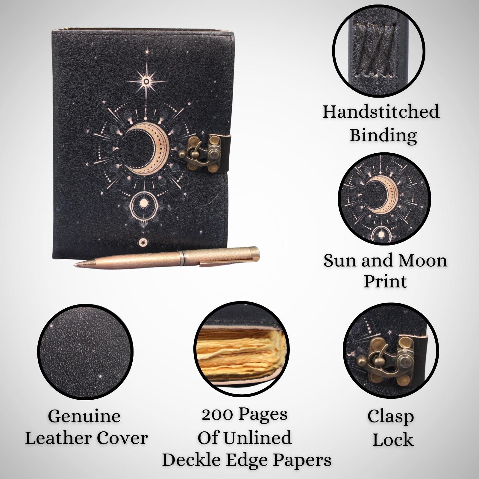 Mystic Moon Black Leather Journal – Handmade UV Printed Celestial Diary with Antique Lock | 7x5 Unlined Deckle Edge Sketchbook & Writing Notebook