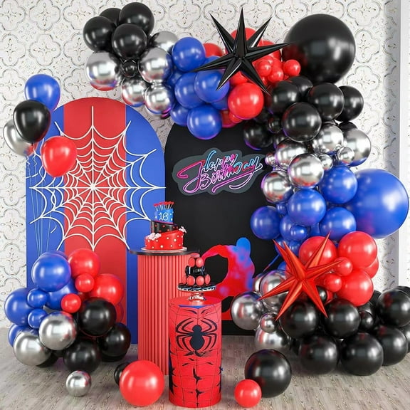 SKTMH 121 Pcs Hero Balloon Garland Arch Kit Hero Party Decorations Red Blue Black Balloon Garland Black Red Balloons Star Balloons for Spider Party Decorations Video Game Baseball Party Supplies
