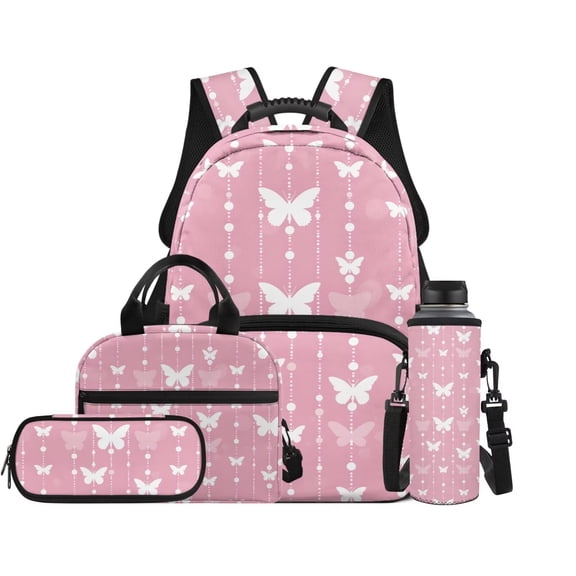 Garronmavis Kids 4PCS Backpack Set, 17in School Backpack with Insulated Lunch Box Pencil Case Water Bottle Bag,Cute Pink Butterfly Print Kids School Bag Set for Elementary School Girls