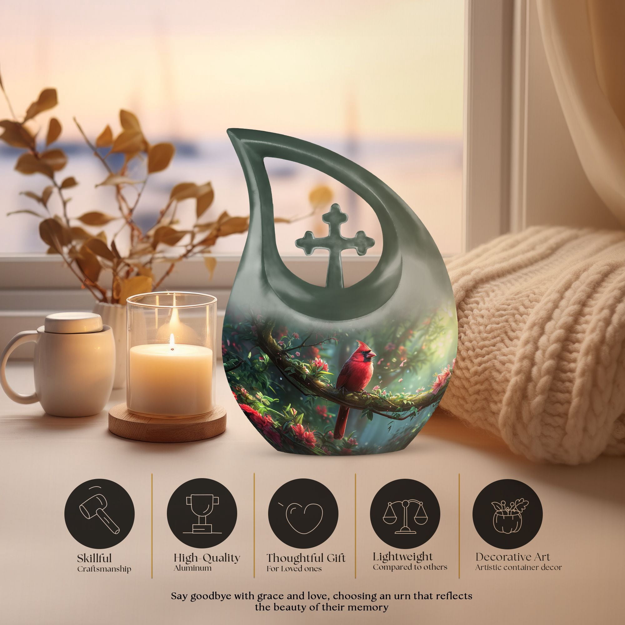MUKTIVE Red Cardinal Bird in Jungle Combo Sets Memorial Urns for Human Ashes Adult Female, Cremation Urn for Adult Man & Women Ashes, Funeral Burial, (1 Large 10 ", 4 Keepsake 3 ")