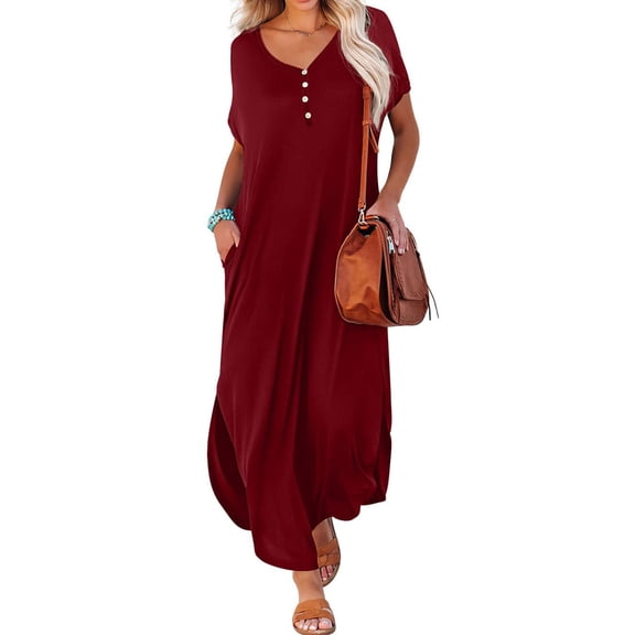 QLEICOM Women's Casual Loose Sundress Long Dress Short Sleeve Maxi Dresses Summer Beach Dress with Pockets Wine S, US Size: 4