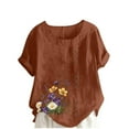 thumbnail image 3 of QIUOMBBP Womens Crew Neck Linen Tshirts Roll Up Short Sleeve Plus Size Floral Print Tops Loose Lightweight Summer Casual Shirts Coffee XXXL, 3 of 5