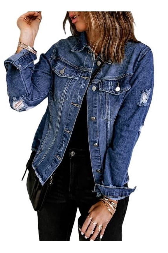 Ladies Jean Jacket Long Sleeve Distressed Washed Button Up Boyfriend Denim Jacket Coat with Pockets Blue S-2XL