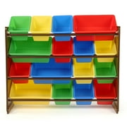 Humble Crew Storage Organizer with 16 Plastic Bins for Kids & Toddlers, Dark Wood/Primary