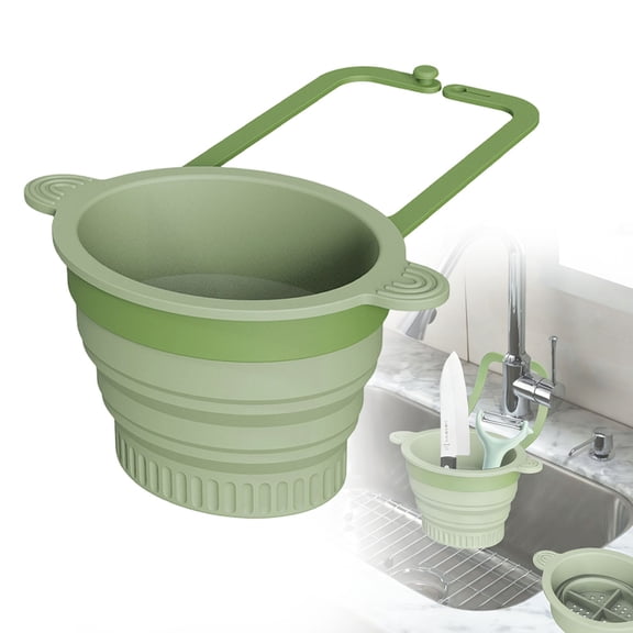 1Pcs Green Sink Food Catcher, Silicone Faucet Hanging Strainer, Collapsible & Foldable Drain Basket for Sink, Hanging Food Catcher with Faucet Clip, Easy Storage Vegetable Fruit Colander