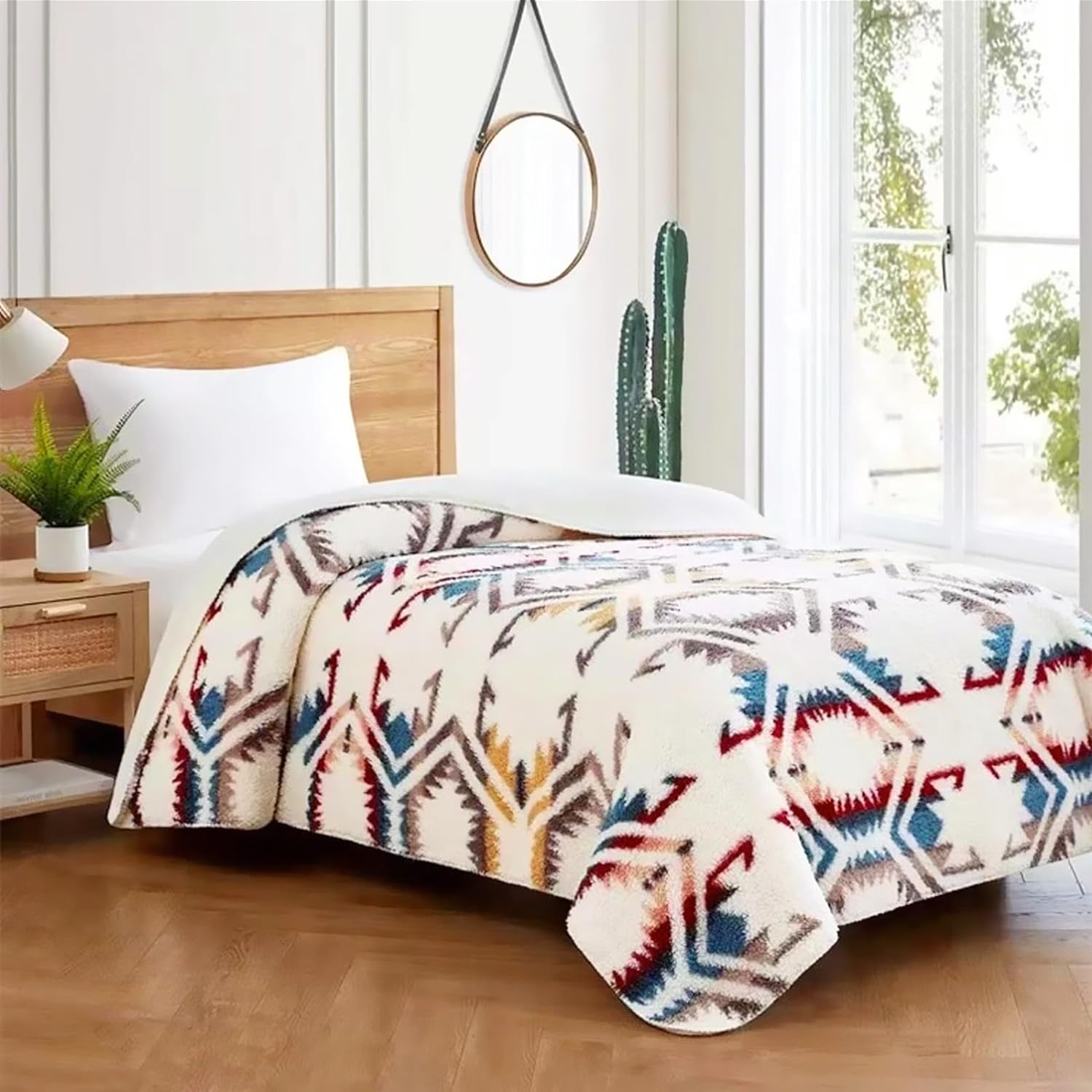 UKELER Boho Sherpa Fleece Blanket 80'' × 90'', Ultra Soft Aztec Queen Blanket for All Season, Cozy, Plush, Bohemian Throw Blanket for Bed/Couch/Sofa/Office/Camping