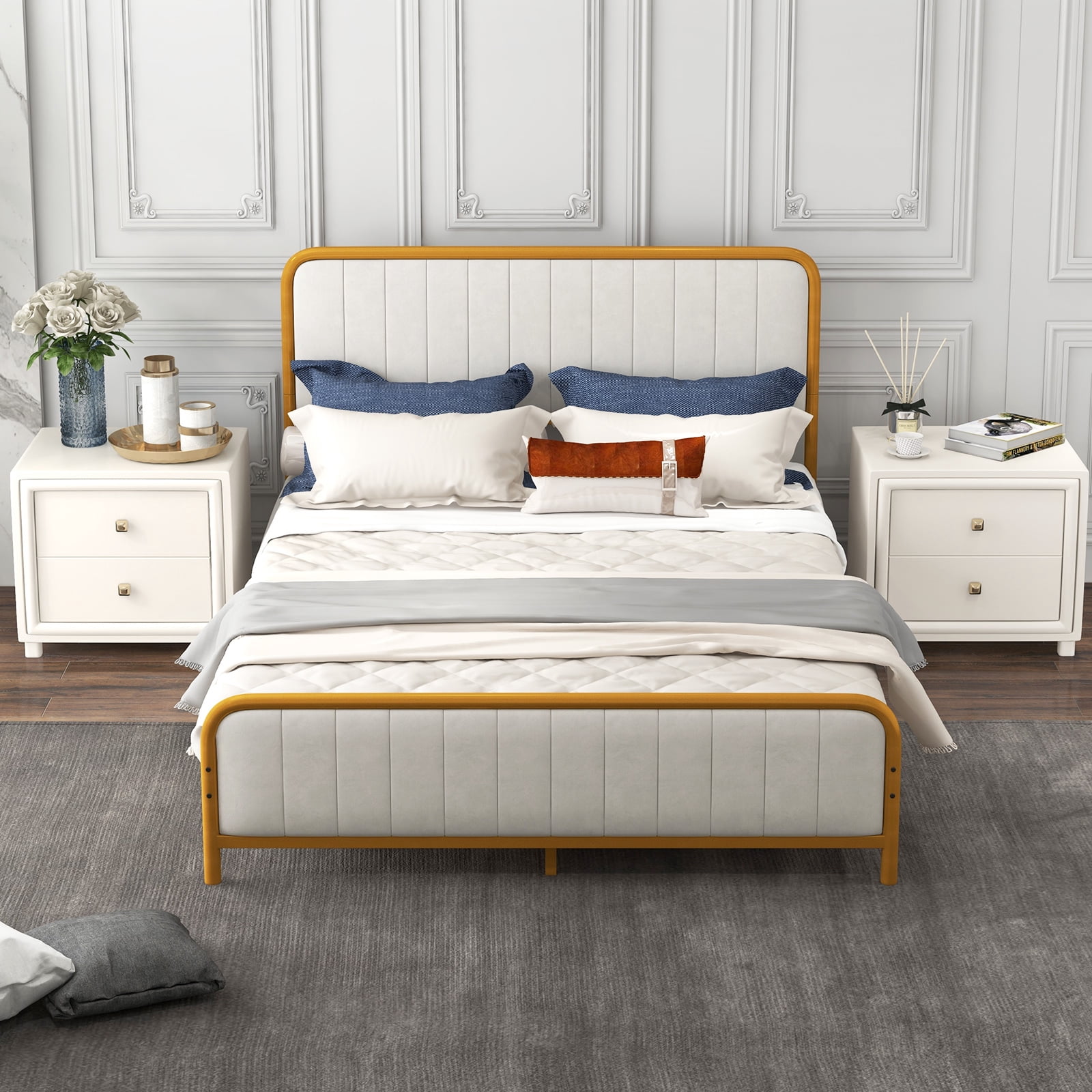 Infans Queen Gold Metal Bed Frame Upholstered Platform Bed with Velvet Headboard