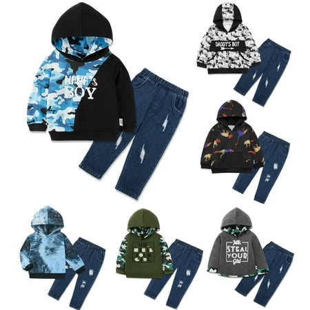 

Clearance 0-4T Kids Baby Boy Hooded Outfits Camo Mama s Boy Hoodie Sweatshirts + Ripped Denim Pants Set