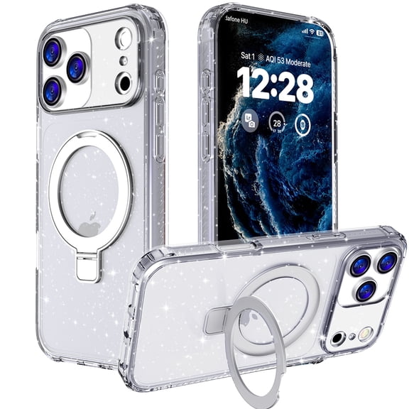 Decase Mag Safe Case for iPhone 17 Pro Max,Magnetic Ring Stand Shockproof Skin-Friendly Cover,Non-Slip Texture Frame Rugged Soft Silicone & Hard PC Case,Glitter