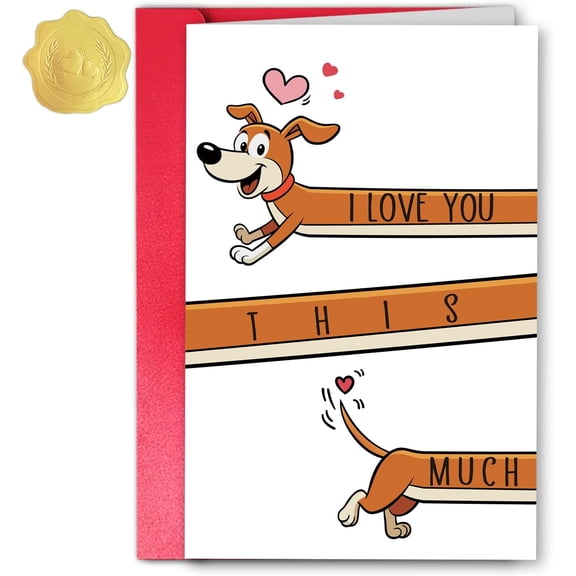 Funny Dog Valentine's Day Card for Boyfriend Girlfriend, Cute Cartoon Style I Love You This Much Greeting Card, Best Pet Lover Anniversary Card for Him Her