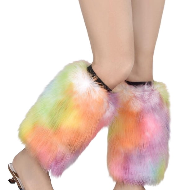 Calentadores de piernas de piel sintética para mujer, cubiertas para botas, funda para polainas de felpa peluda de neón vibrante