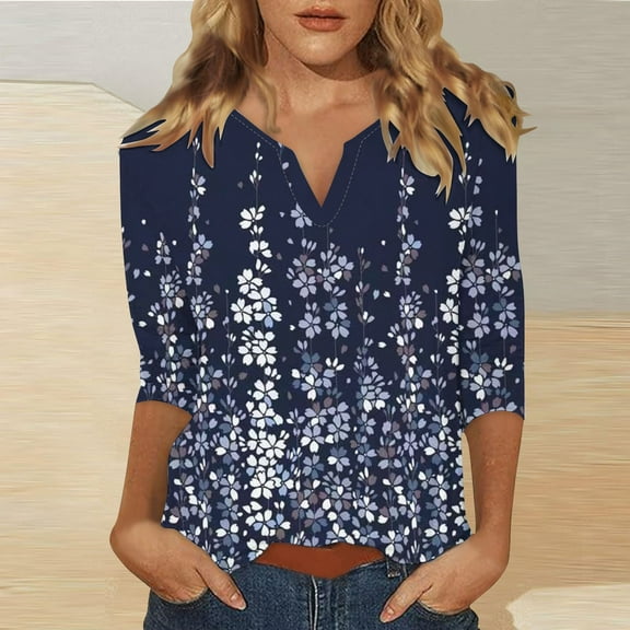 Blue Womens Tops 3/4 Sleeve Tops for Women Summer Notched V Neck Plain T Shirts Casual Cute Three Quarter Length Blouses Shirts for Women