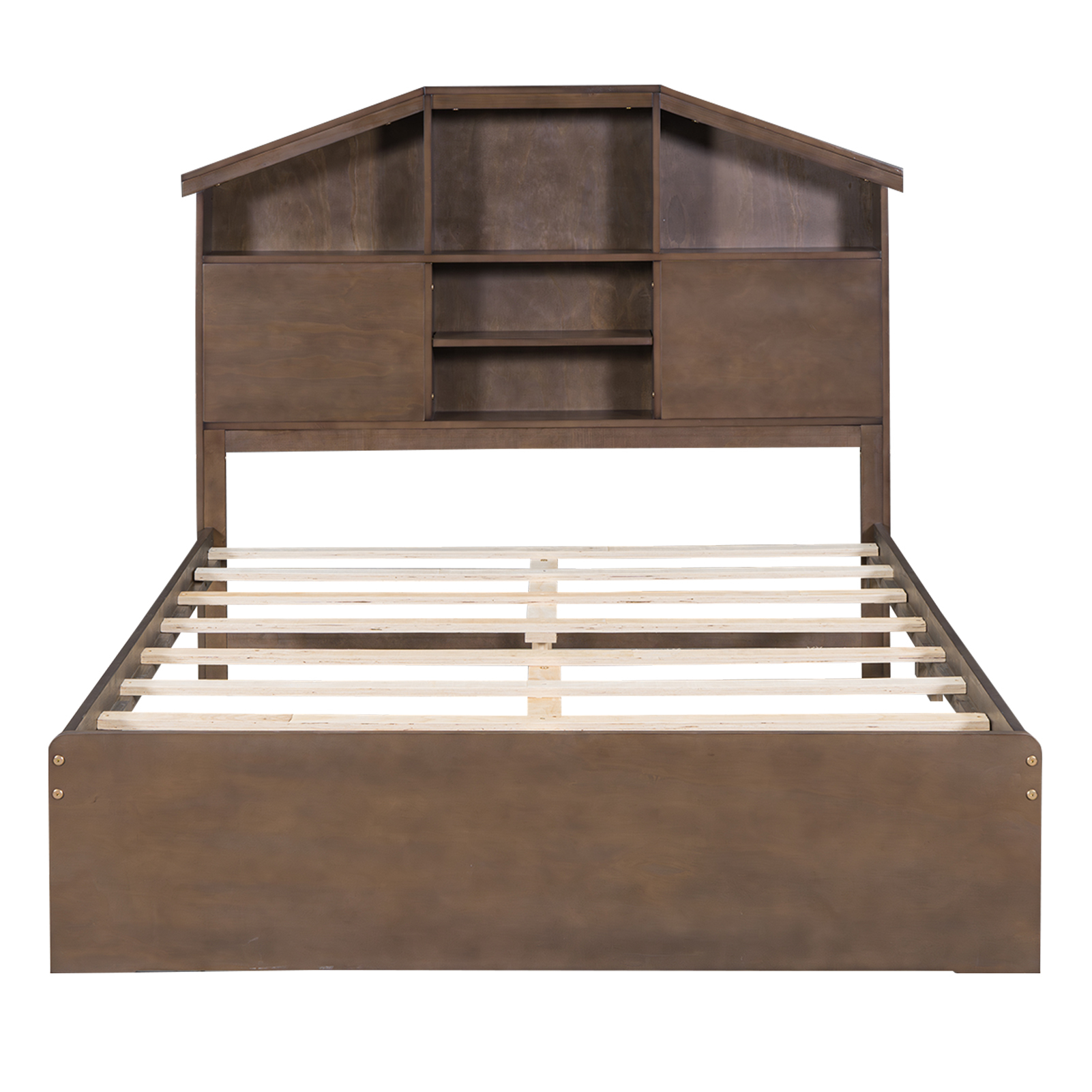 Euroco Wood Full Platform Bed with Storage Headboard Shelf and Drawers for Kids Teens, Walnut