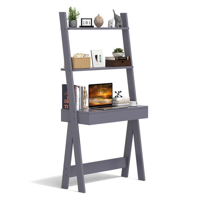 Costway Ladder Shelf Desk Bookcase w/Countertop, Drawer & 2 Shelves Bookshelf Grey