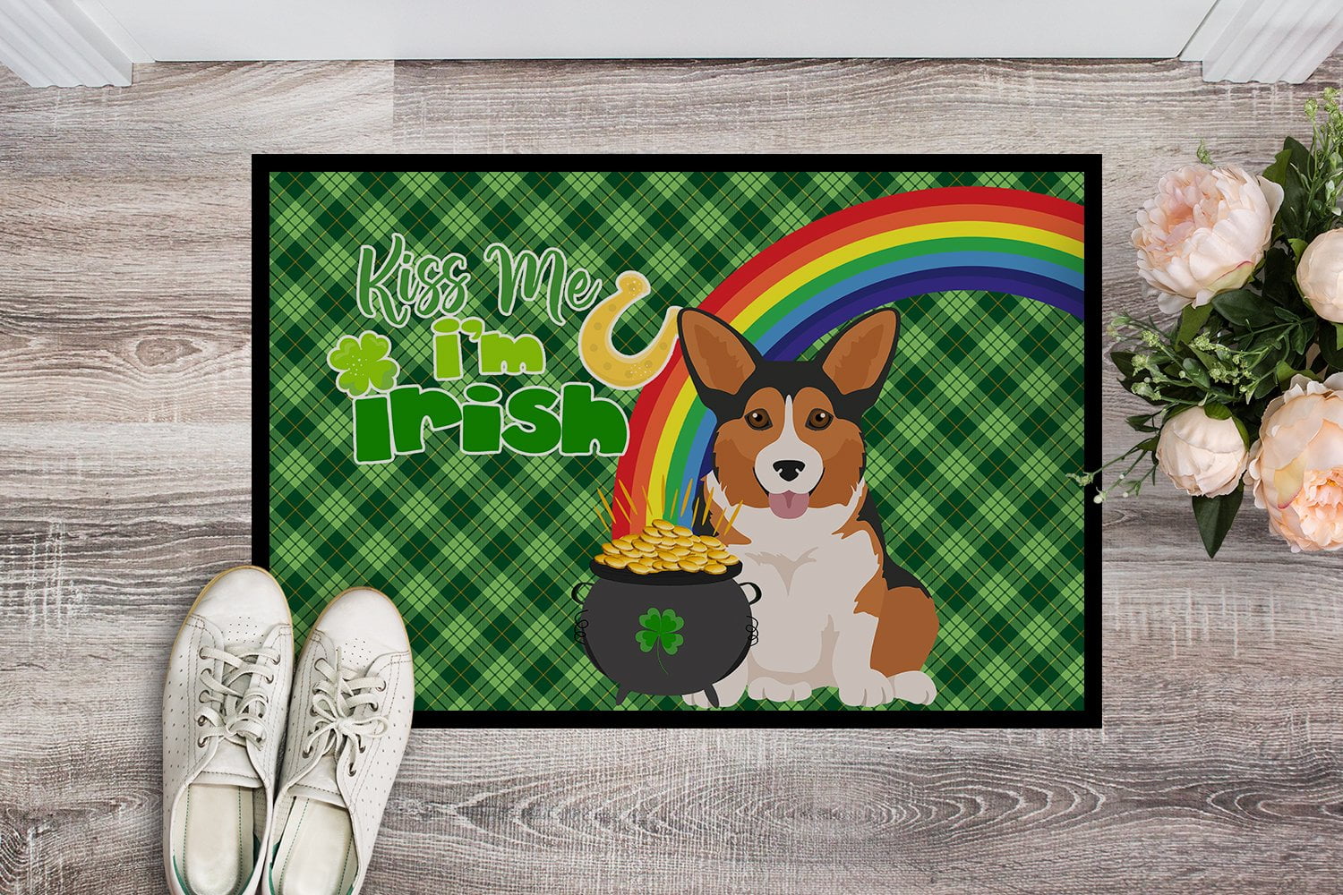Sable Pembroke Corgi St. Patrick's Day Indoor or Outdoor Mat 24x36 36 in x 24 in