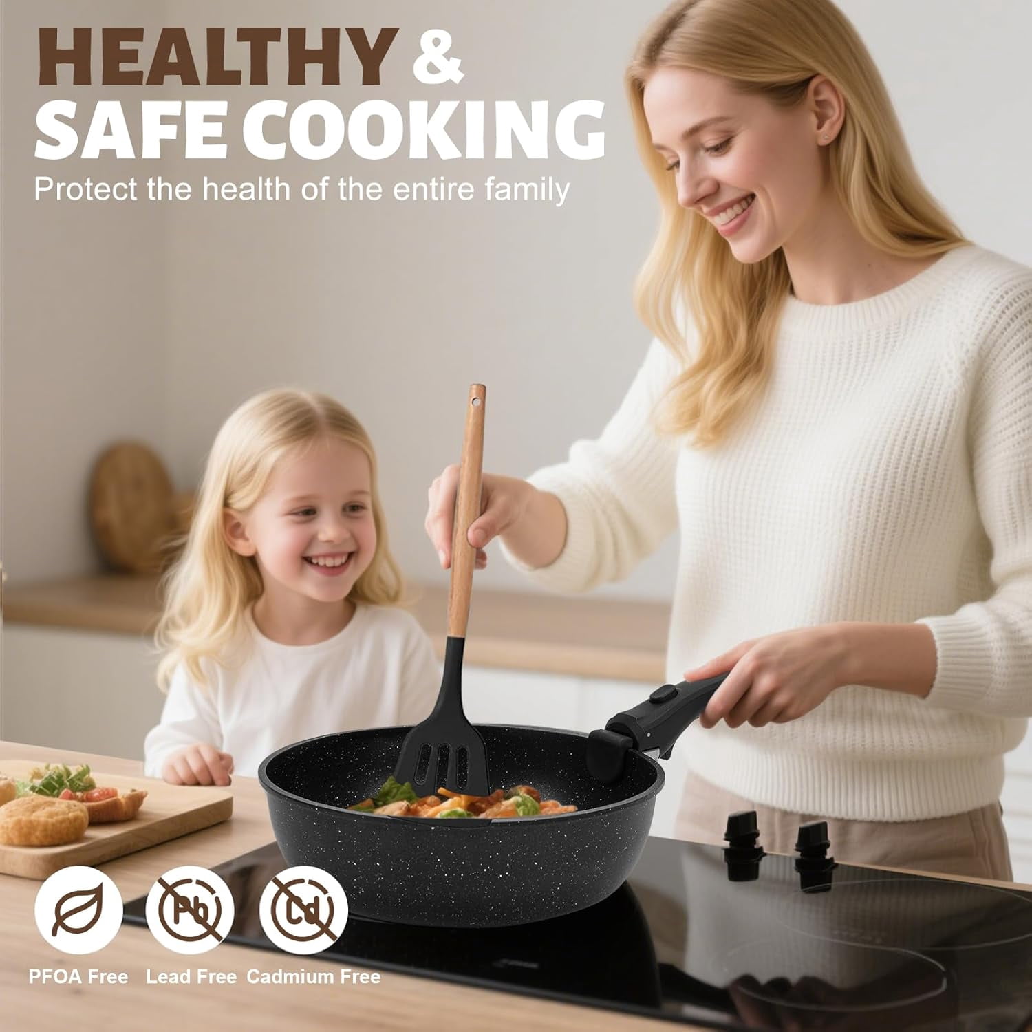 10-Piece Pots and Pans Set with Detachable Handles, Non-Stick Ceramic Cookware for Induction, RV, Oven Safe
