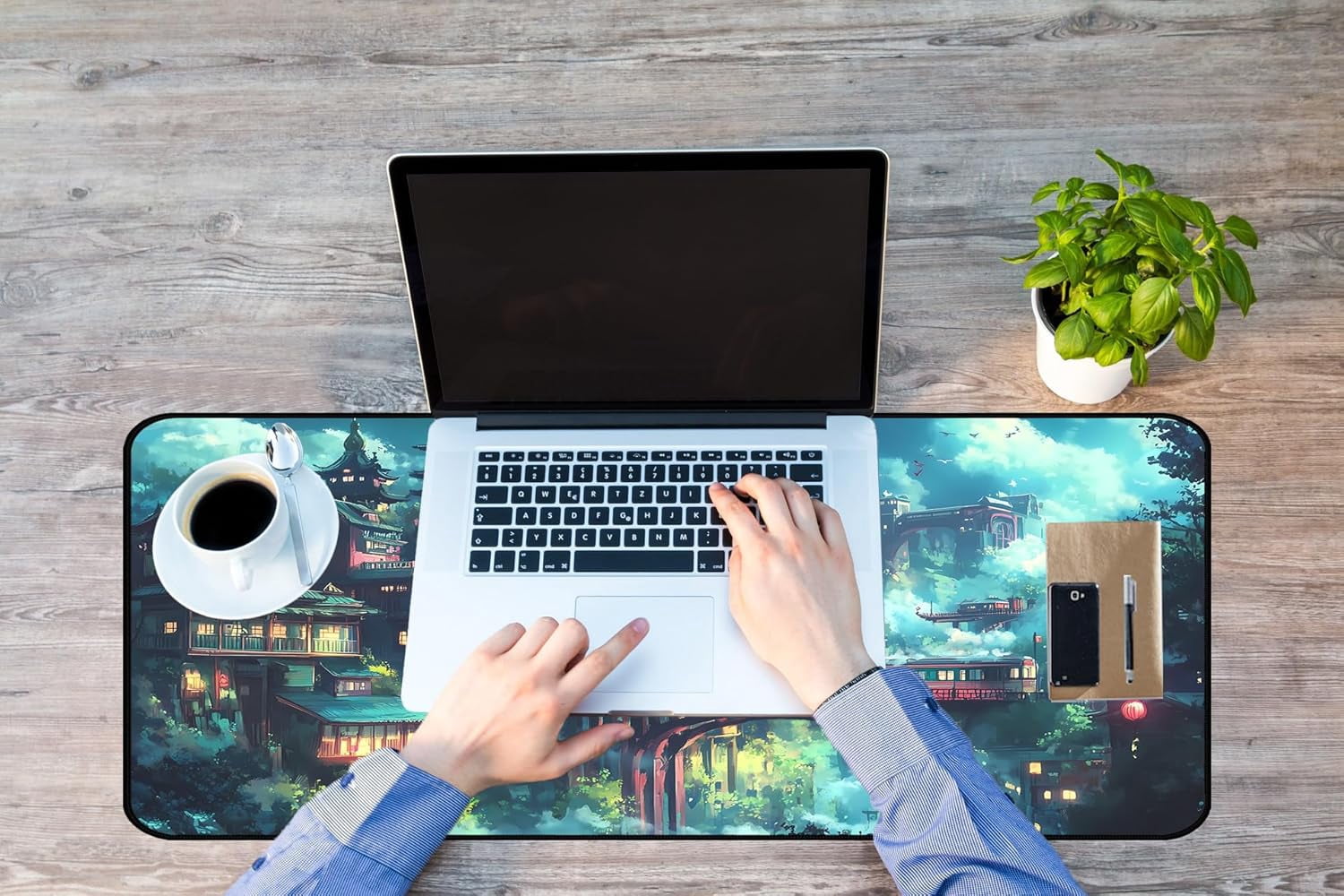 Japanese Anime Desk Mat, Green Forest Mouse Mat XXL, Game Desk Pad, Fantasy Architecture Computer Keyboard Mat, Wireless Mousepad Large,Natural Landscape Home Office Desktop Decor 31.5"X15.7"