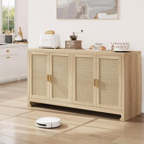 GAOMON Rattan Buffet Cabinet, 4-Door Sideboard with Shelf, Modern Storage Cabinet for Dining Room, Kitchen, Entryway, and Living Room, Natural