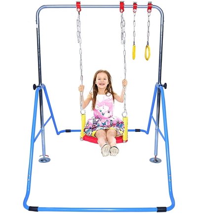 Expandable Gymnastics Bar  3 in 1 Jungle Gym Set  Swing Seat  Trapeze Rings  Gymnastic Training Kip Bar Adjustable Height Horizontal Bar Monkey Bar Folding Climbing Tower Fitness (Blue)