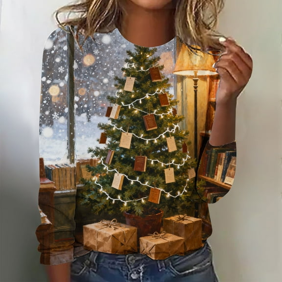 Craaazy Christmas Shirts Womens Round Neck Long Sleeve Christmas Printed Shirts Gifts