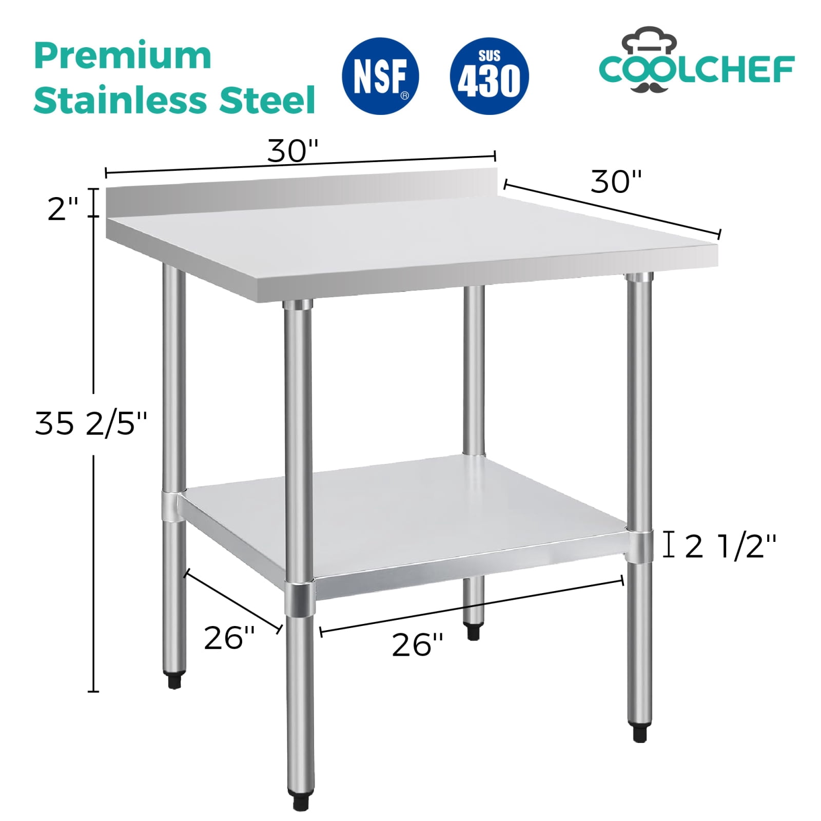 Miekor Furniture 30" x 30" 18-Gauge Stainless Steel Commercial Work Table with 4" Backsplash and Undershelf No.7732