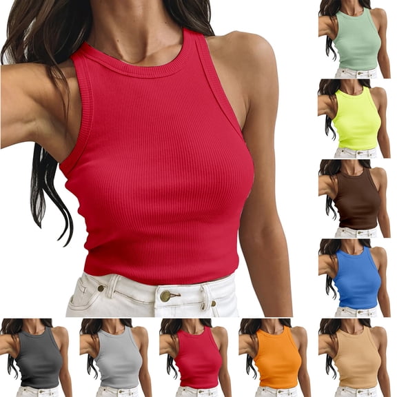 Women's Crop Top Short Tops Solid Color Neck Round Vest Sleeveless Tank Top Women's Top for Fitness Sport Yoga Green