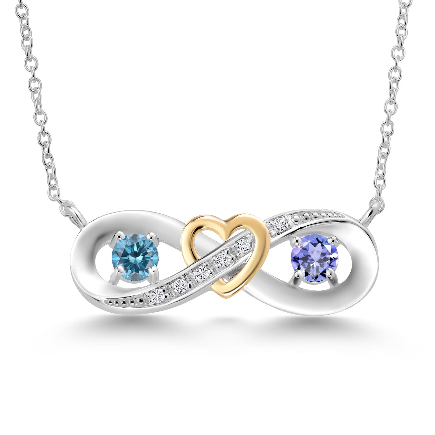 925 Silver and 10K Yellow Gold Blue Lab Grown Diamond and Blue Tanzanite and Lab Grown Diamond Pendant Necklace for Women | 0.63 Cttw | Gemstone April Birthstone | Round 4MM | With 18 inch Chain