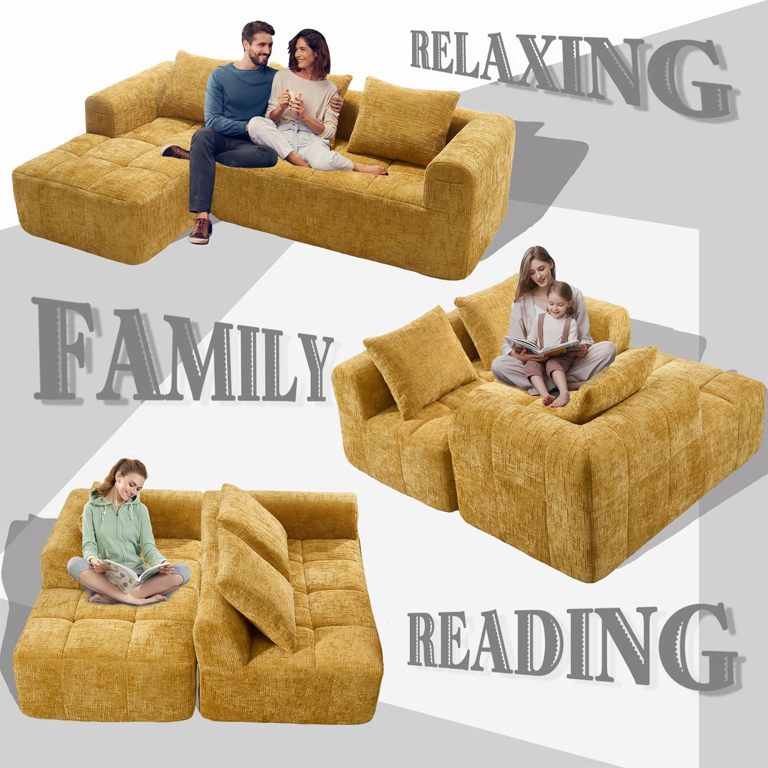 Demi Bonn 98" L-Shaped Modular Sectional Sofa with Chaise, Side Pockets, Modern Comfort Couch, Compression-Free Installation for Living Room, Yellow