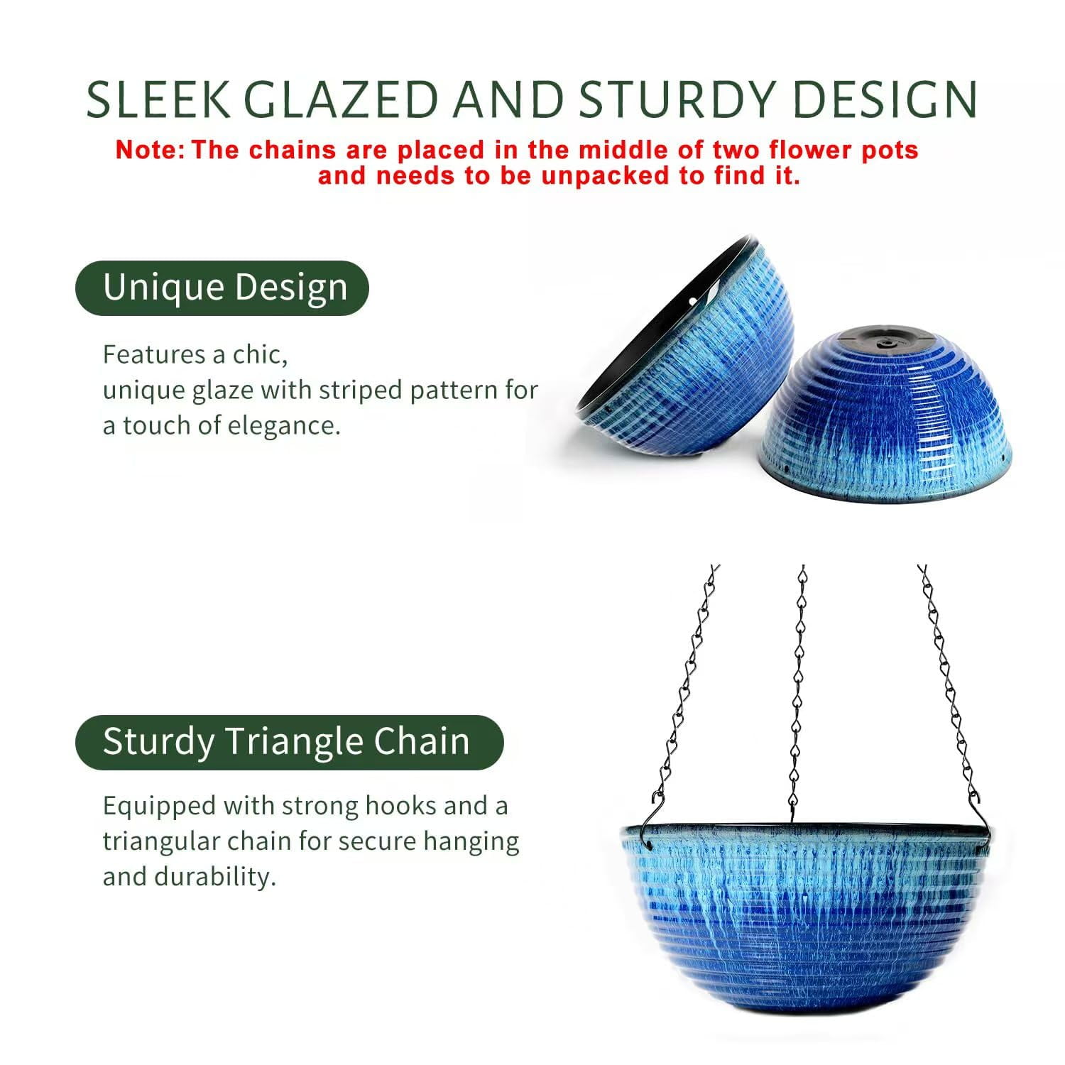 2 Pack Hanging Planters for Indoor Outdoor Plants, 10 Inch Hanging Planter with Drainage Hole & Plug Glazed Hanging Baskets Flower Pots for Garden Home (Blue Glaze)