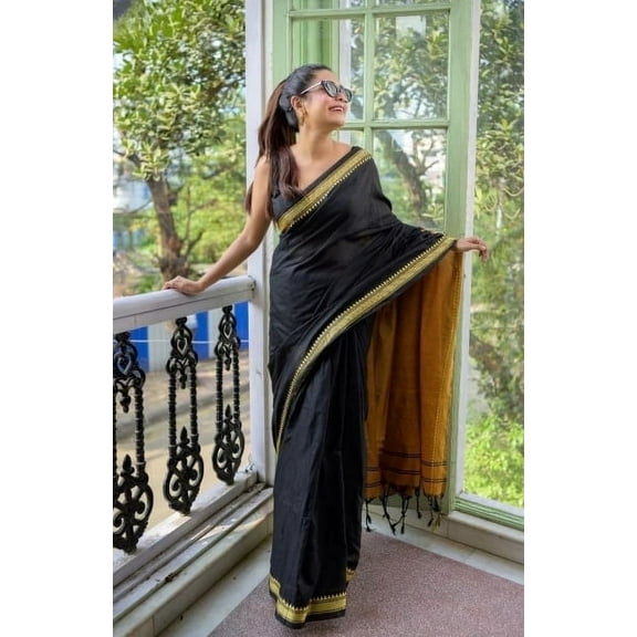 Black & Brown Two Tone Pure Cotton Saree | Embroidered Border & Tassels, Regular Fit Traditional Wear for Women, Unstitched Blouse Piece